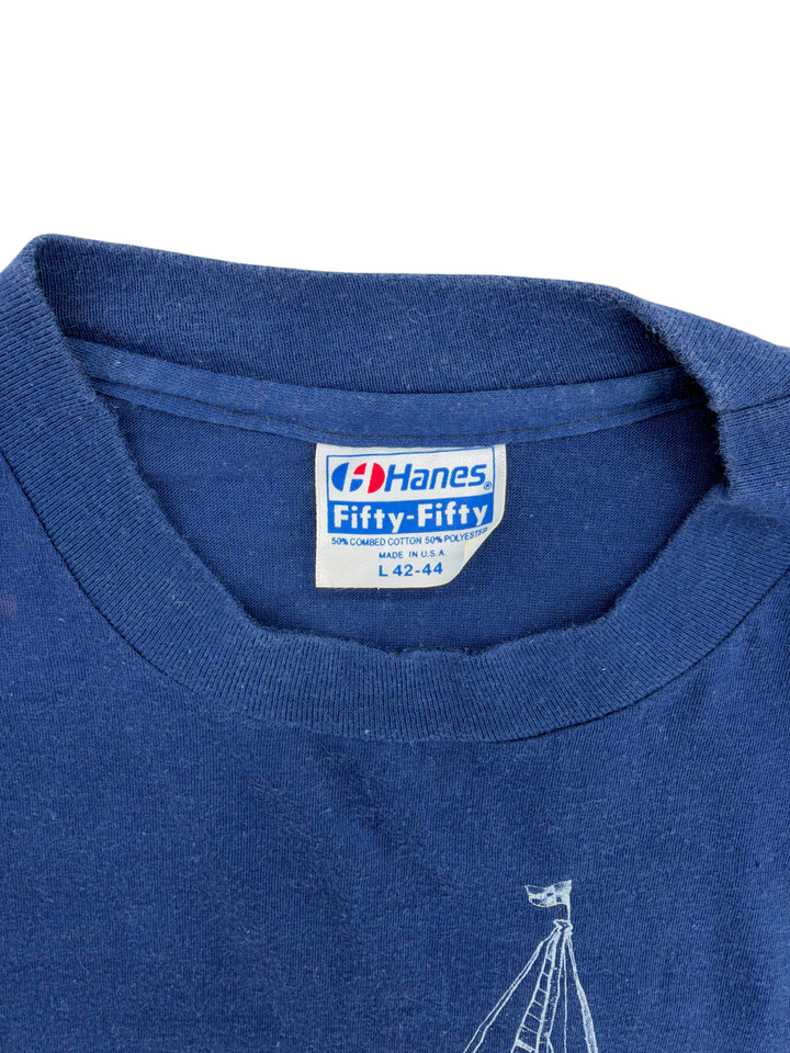 Exile Vintage blue 1980s Hanes Fifty-Fifty cotton blend t-shirt neck label detail