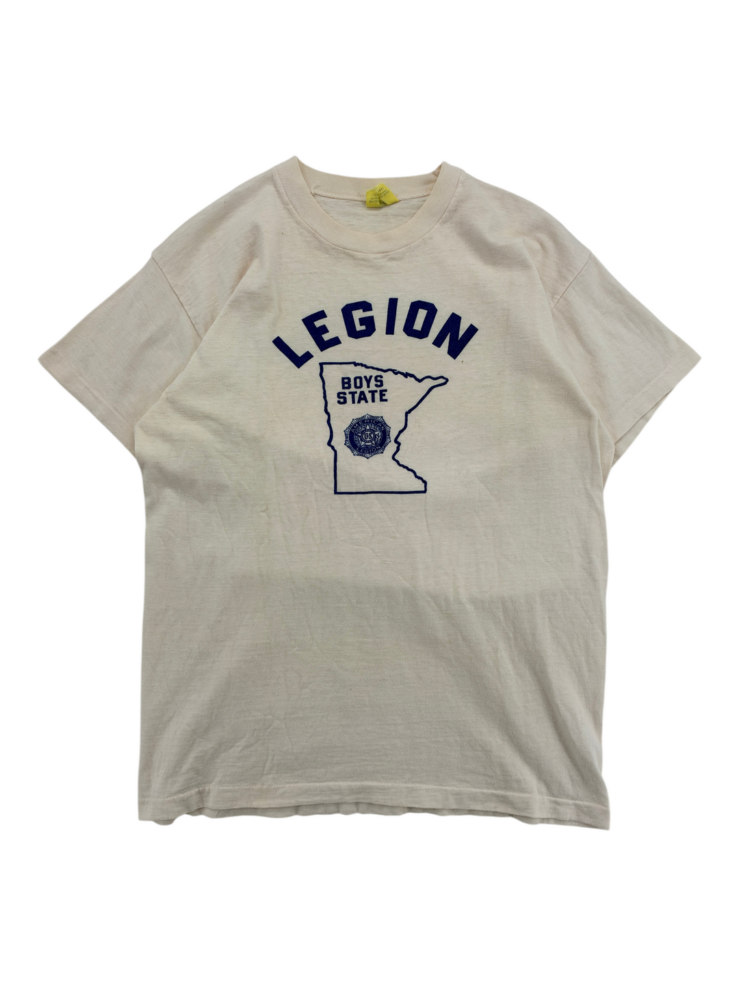 Exile Vintage 1970s cream cotton T-shirt with blue Legion Boys State graphic print on the front