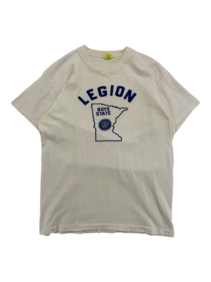 Exile Vintage 1970s cream cotton T-shirt with blue Legion Boys State graphic print on the front