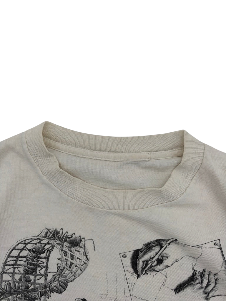Exile Vintage 1990s Andazia M.C. Escher graphic t-shirt in off-white with detailed black ink illustration