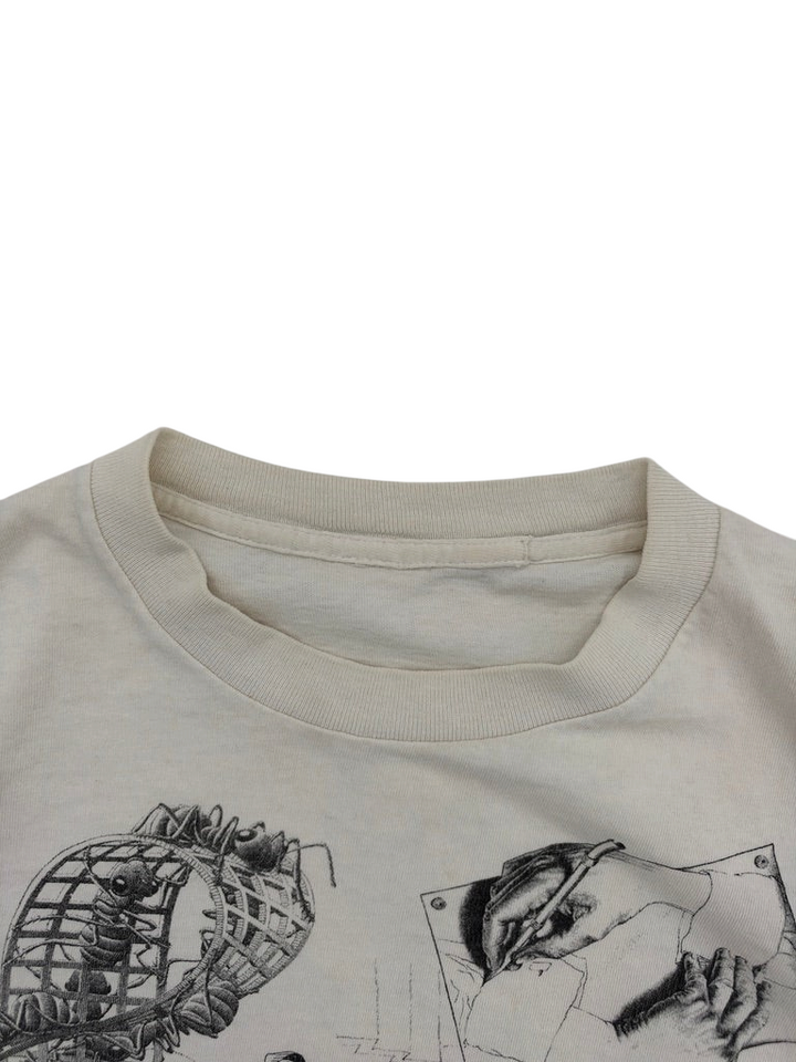 Exile Vintage 1990s Andazia M.C. Escher graphic t-shirt in off-white with detailed black ink illustration