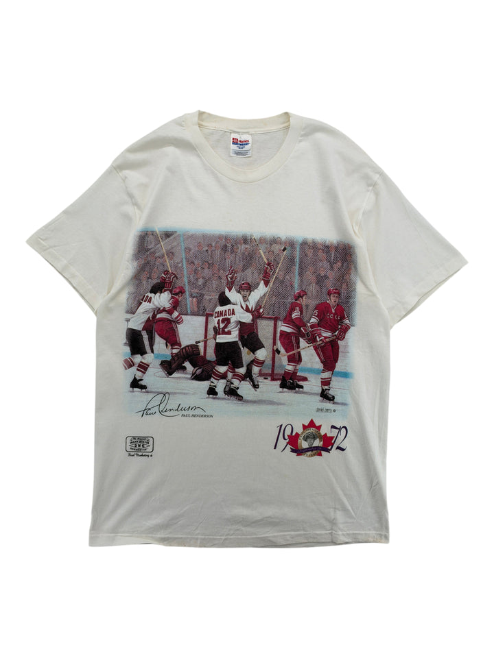 Exile Vintage 1990s white cotton T-shirt featuring a graphic print of Paul Henderson and the 1972 Canada hockey team