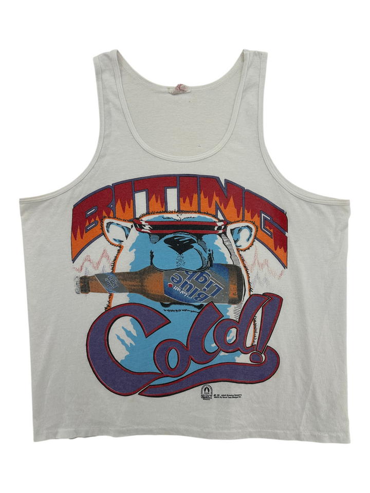 Exile Vintage white 1990s Labatt Blue tank top featuring a polar bear graphic with a beer bottle and Biting Cold text
