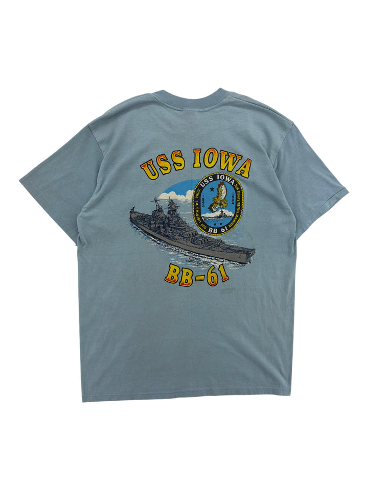 Exile Vintage blue 1980s USS Iowa BB-61 graphic t-shirt featuring a battleship and eagle emblem on the back