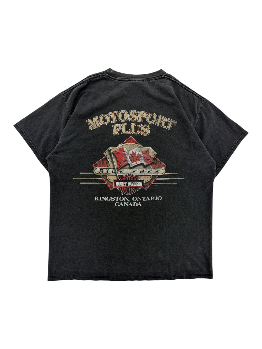 Exile Vintage black 2000s Harley Davidson graphic t-shirt featuring a Canadian flag and Motosport Plus logo on back