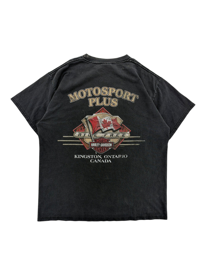 Exile Vintage black 2000s Harley Davidson graphic t-shirt featuring a Canadian flag and Motosport Plus logo on back