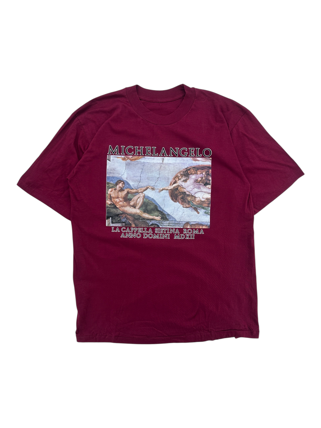Exile Vintage 1990s burgundy cotton t-shirt featuring Michelangelo Creation of Adam art print on the front