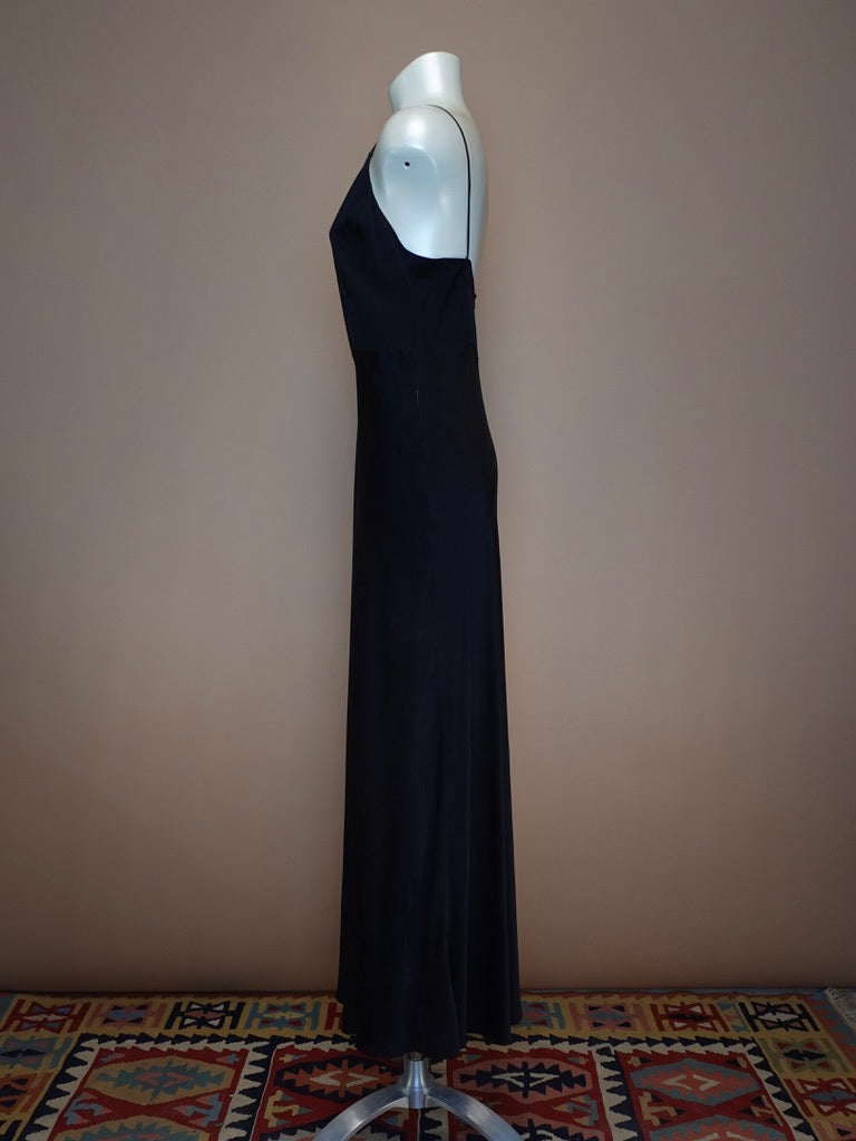 1940S - BLACK SATIN SPAGHETTI STRAP DRESS