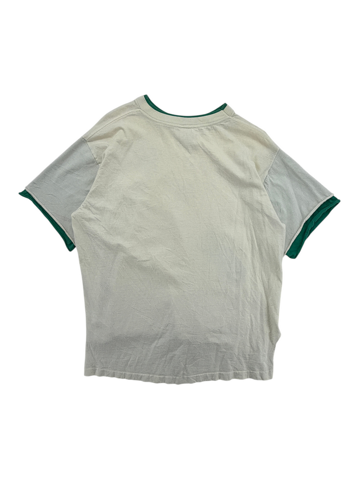 Back view of an Exile Vintage 1990s ringer t-shirt in cream with green trim on the collar and sleeve cuffs.