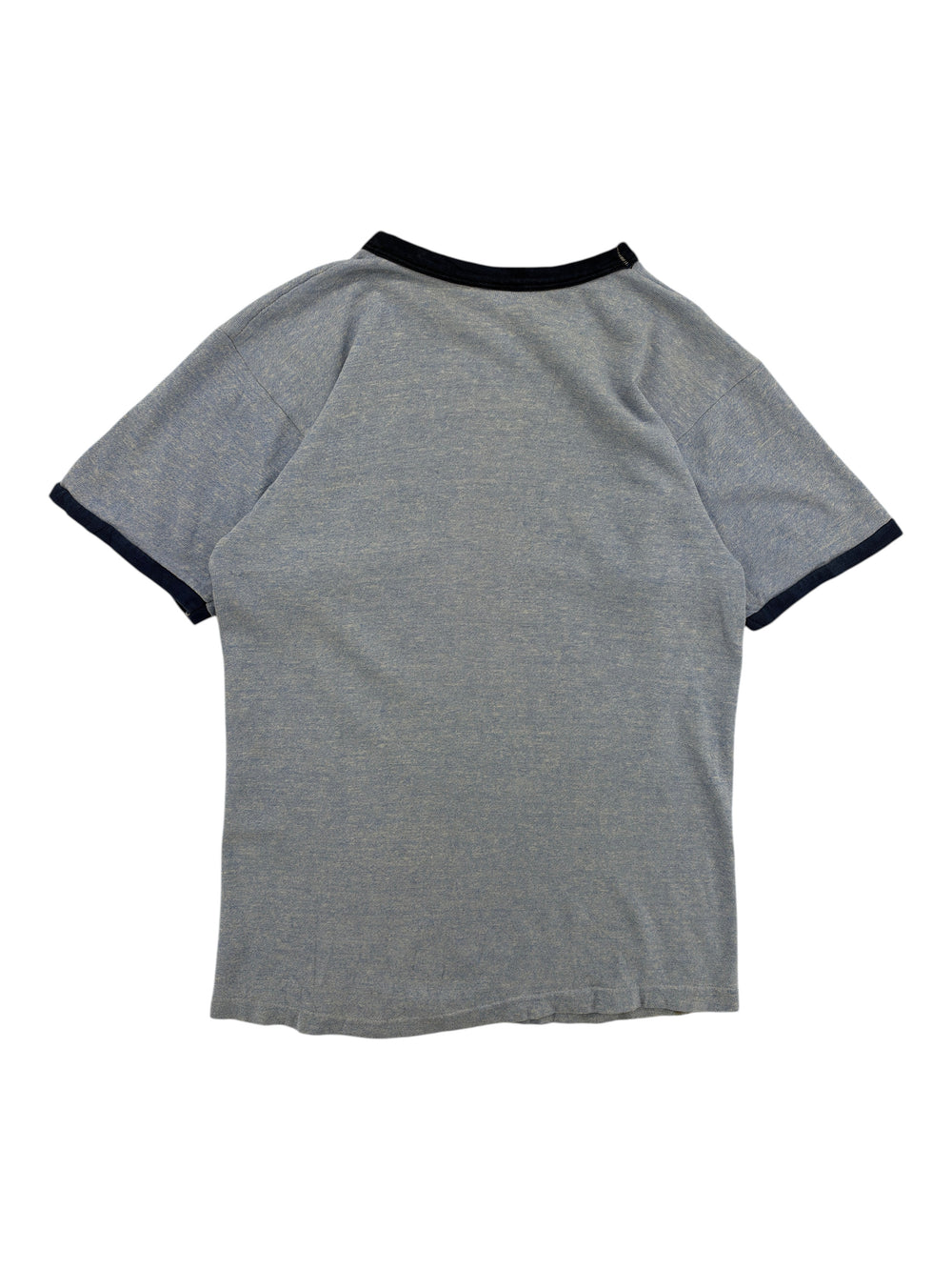 Back view of a vintage Exile Vintage 1970s blue ringer t-shirt with dark blue trim on the collar and sleeves.