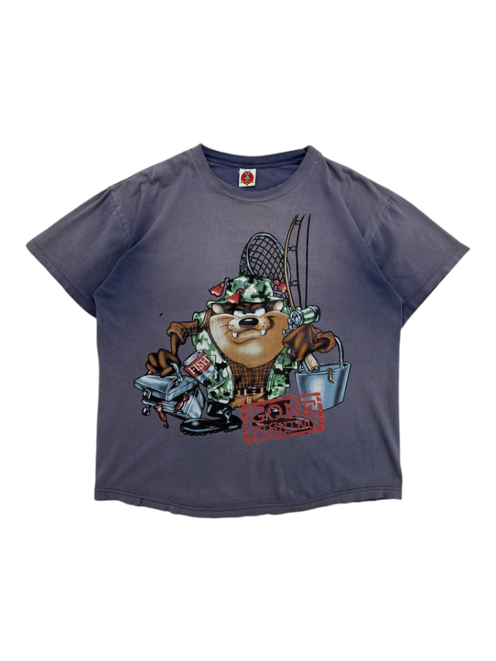 Exile Vintage 1990s grey Taz Tasmanian Devil Gone Fishing graphic t-shirt with fishing gear print