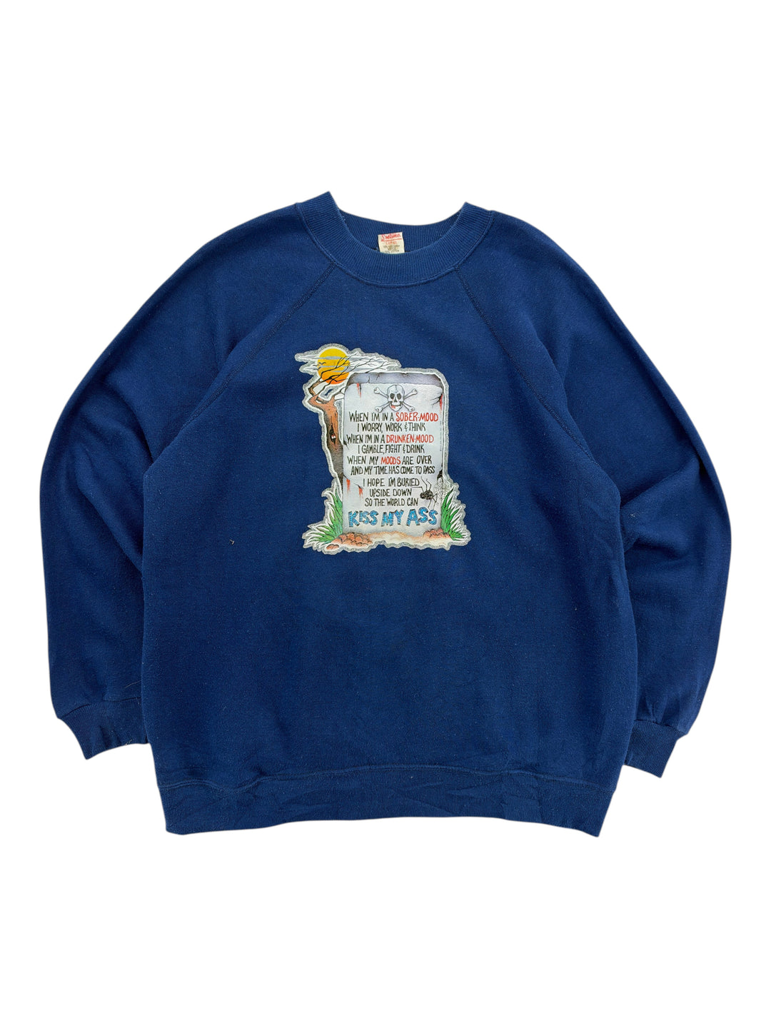 Exile Vintage 1980s navy blue crewneck sweatshirt with a humorous tombstone graphic print on the front