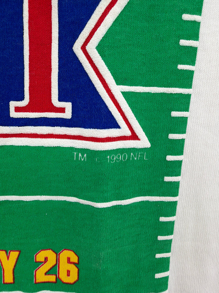 Exile Vintage 1990s Super Bowl XXVI graphic t-shirt featuring a green football field design and NFL logo detail