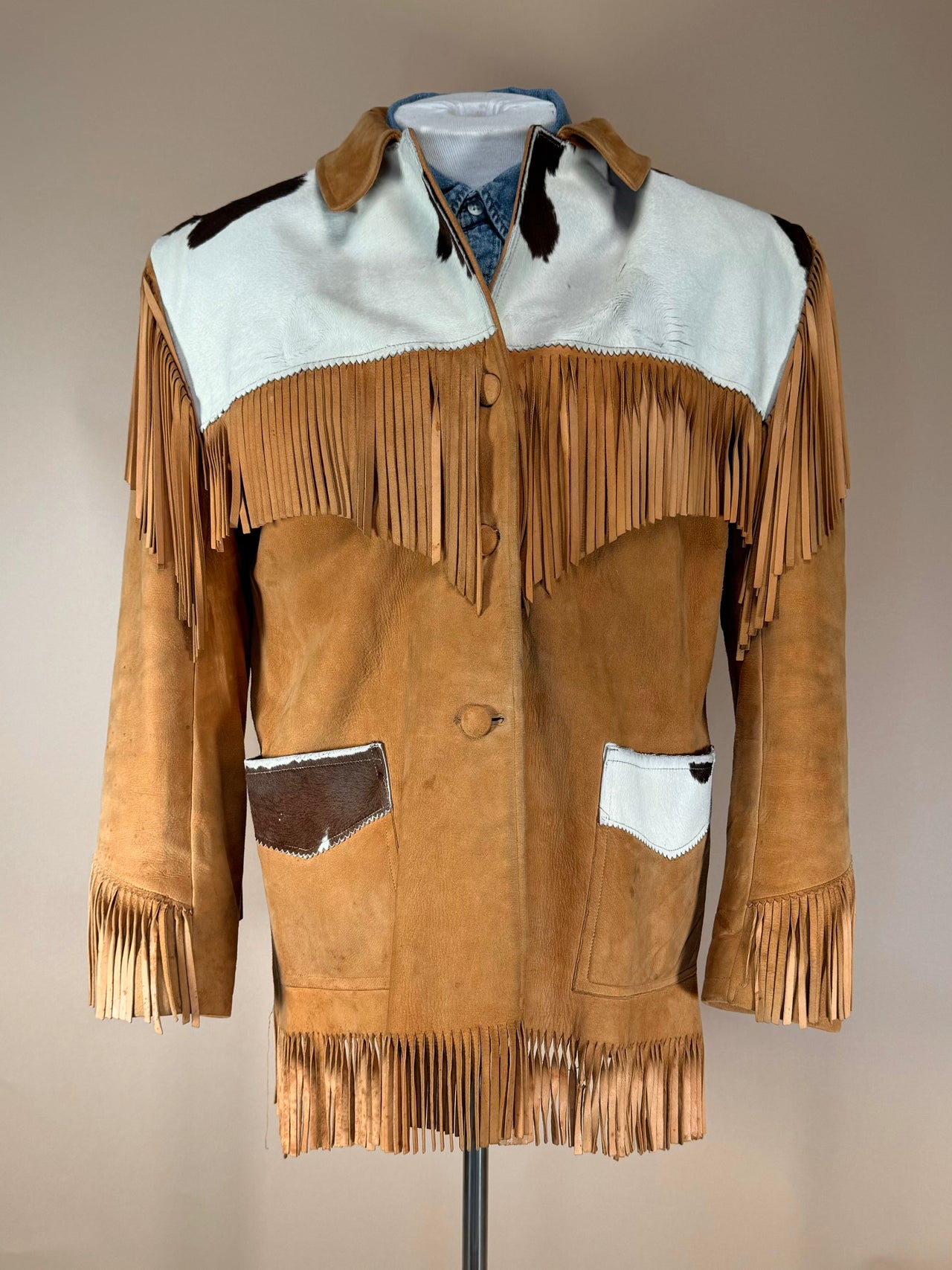 1980s - Leather Craft Process NYC Cowhide Suede Fringe Jacket with Rawhide Finishes