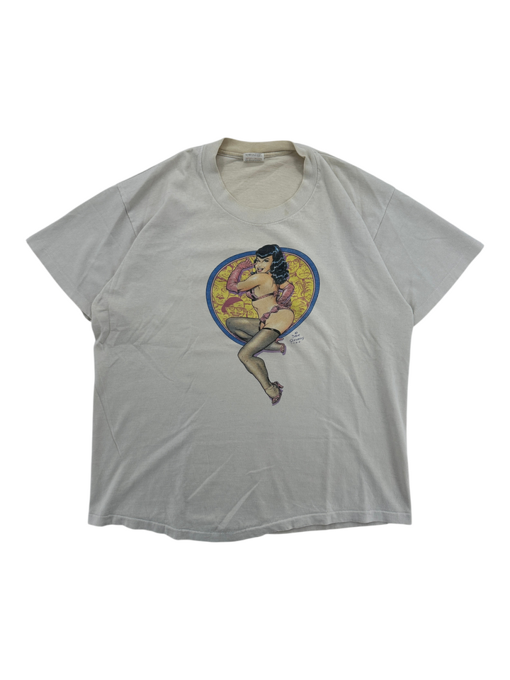 Exile Vintage 1989 Dave Stevens Bettie Page graphic t-shirt in light grey cotton with a pin-up illustration.