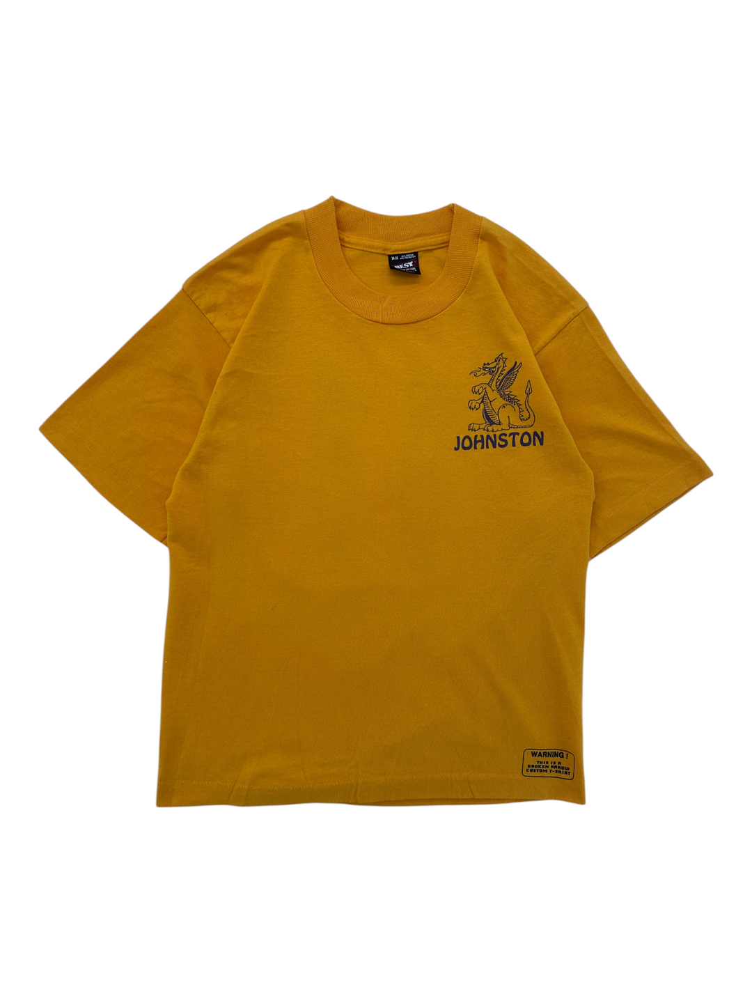 Exile Vintage 1980s mustard yellow cotton t-shirt with a small dragon graphic and Johnston text on the chest