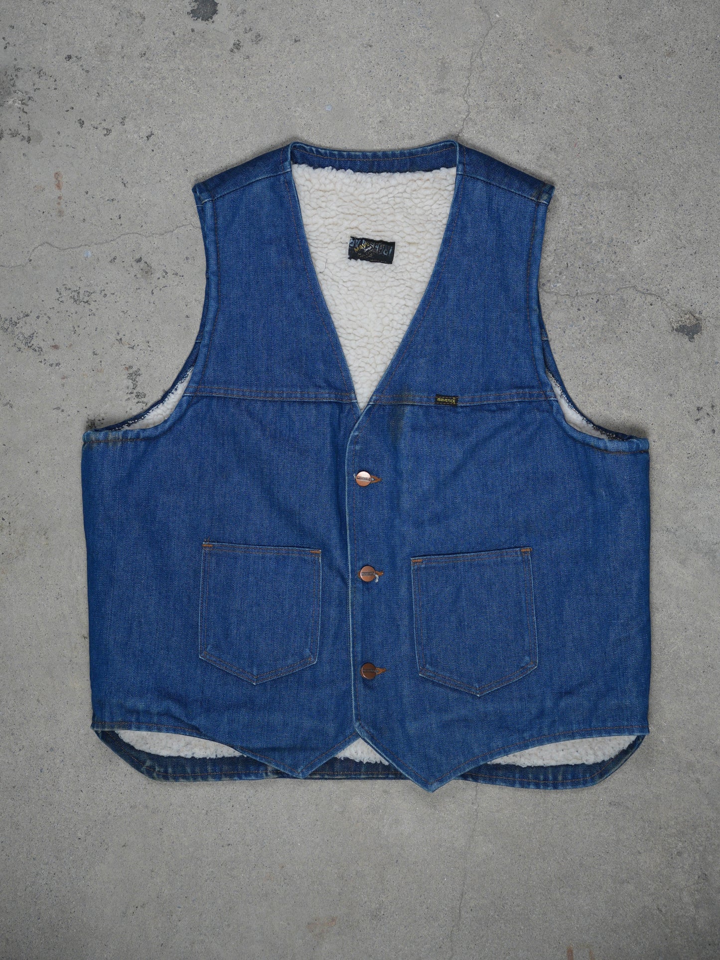 1970S - MAVRICK DENIM FAUX SHERLING LINED VEST