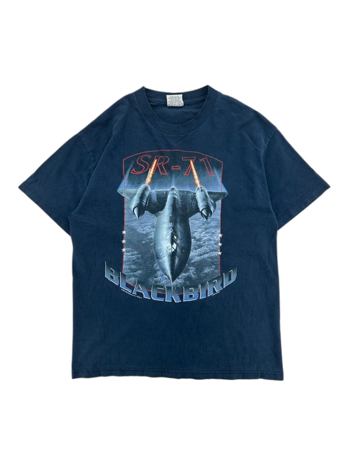 Exile Vintage 1990s navy blue cotton t-shirt featuring a graphic print of an SR-71 Blackbird aircraft in flight.