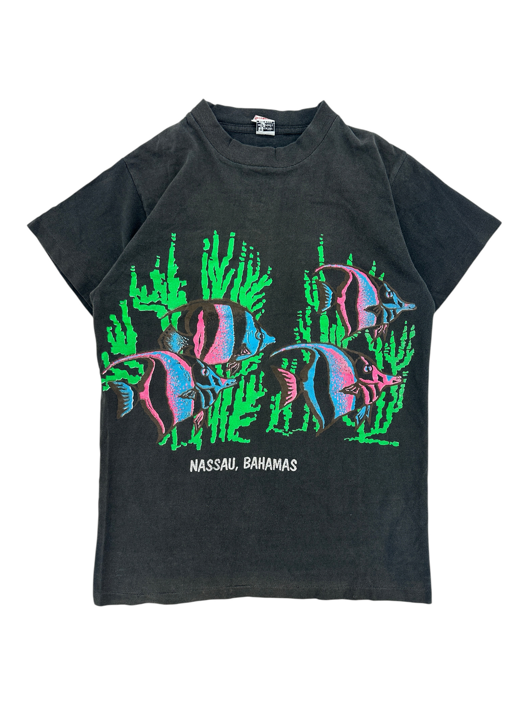 Exile Vintage black 1980s Bahamas t-shirt featuring a colourful tropical fish and coral reef graphic print