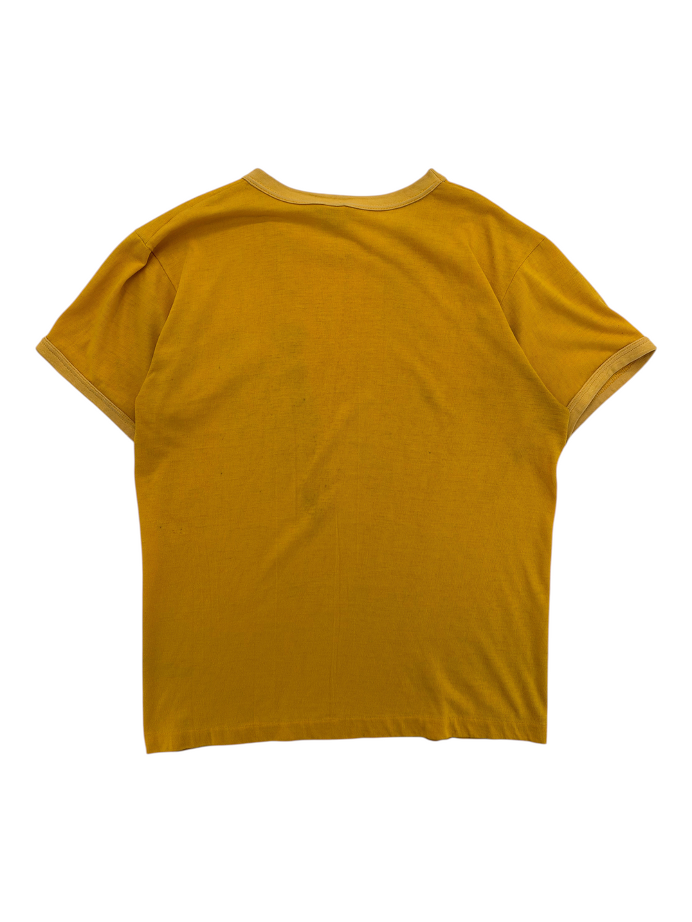 Exile Vintage 1970s Tiger Brand mustard yellow ringer t-shirt, back view of a vintage cotton crew neck top.