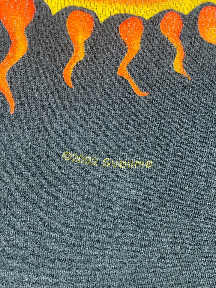 Exile Vintage 2000s Sublime band t-shirt featuring a yellow and orange sun graphic on black cotton fabric