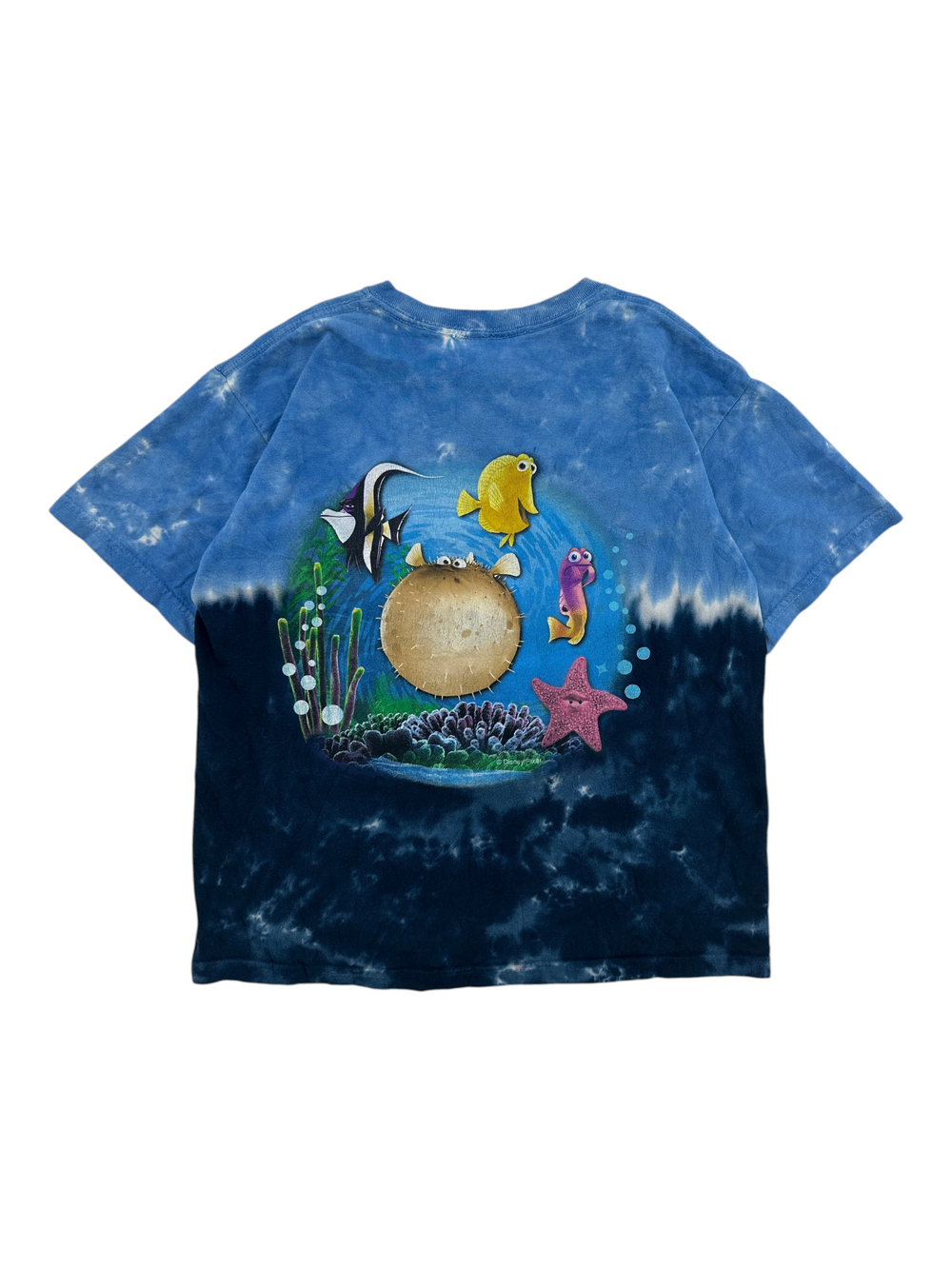 Exile Vintage 2003 Finding Nemo blue tie-dye t-shirt featuring underwater character graphic on the back