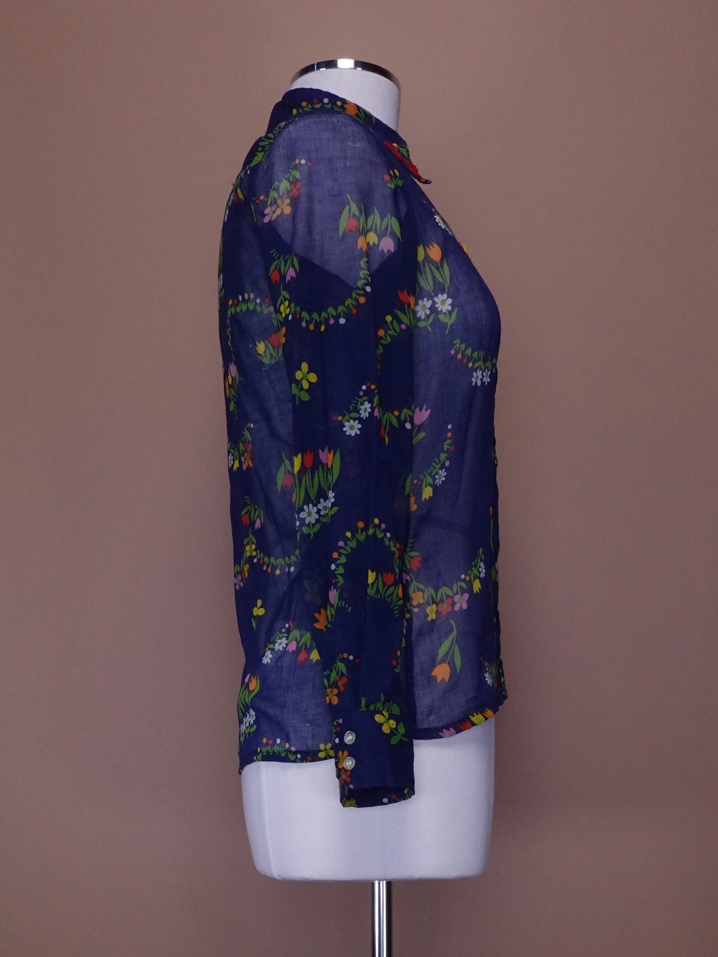 Vintage Sheer Hand Embroidered Floral Print Ladies Blouse