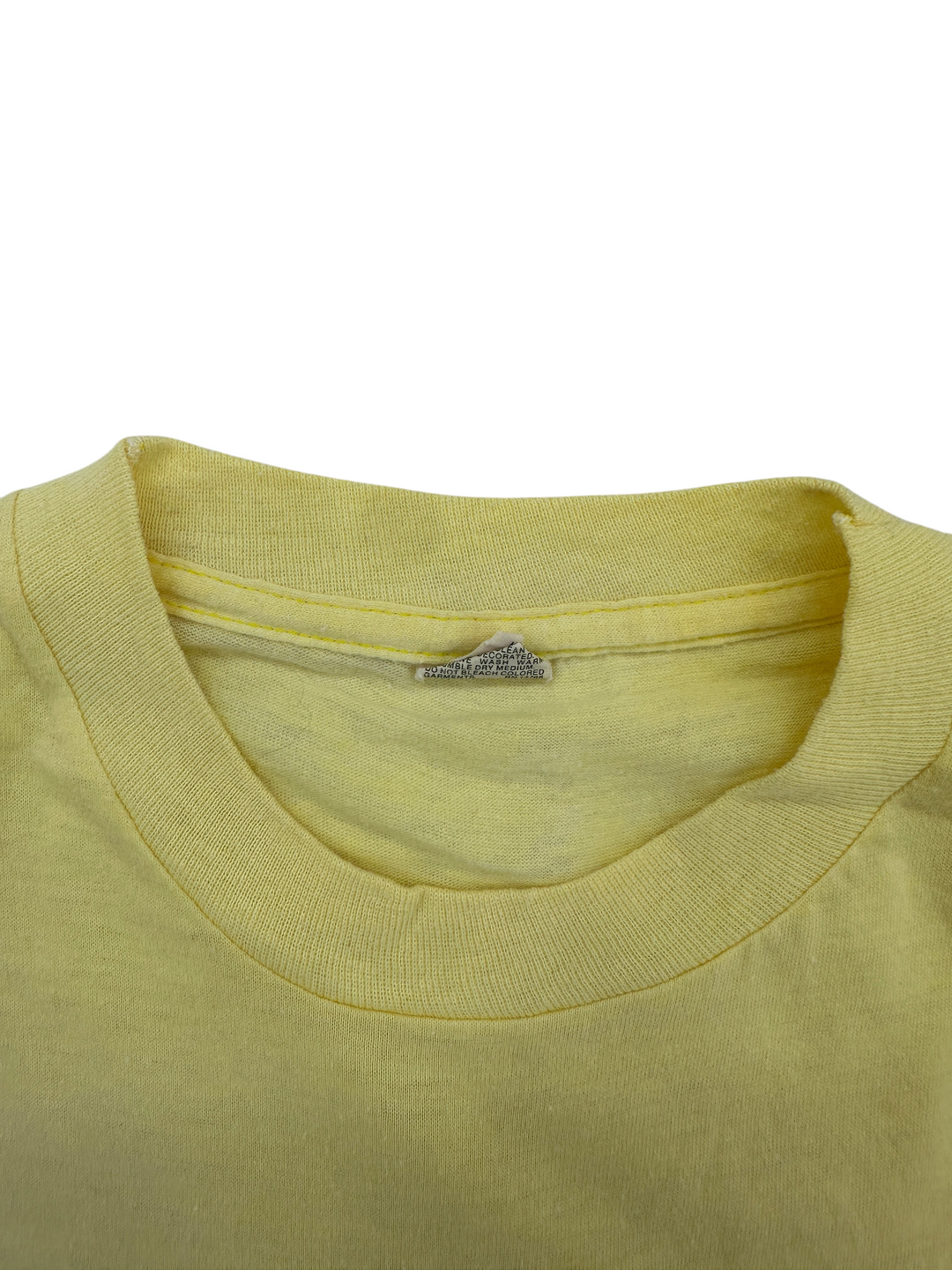Exile Vintage yellow crew neck t-shirt collar detail with interior care label