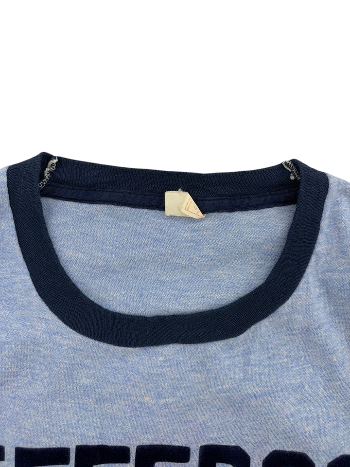 Exile Vintage 1970s light blue ringer t-shirt with dark navy blue ribbed collar and vintage neck tag
