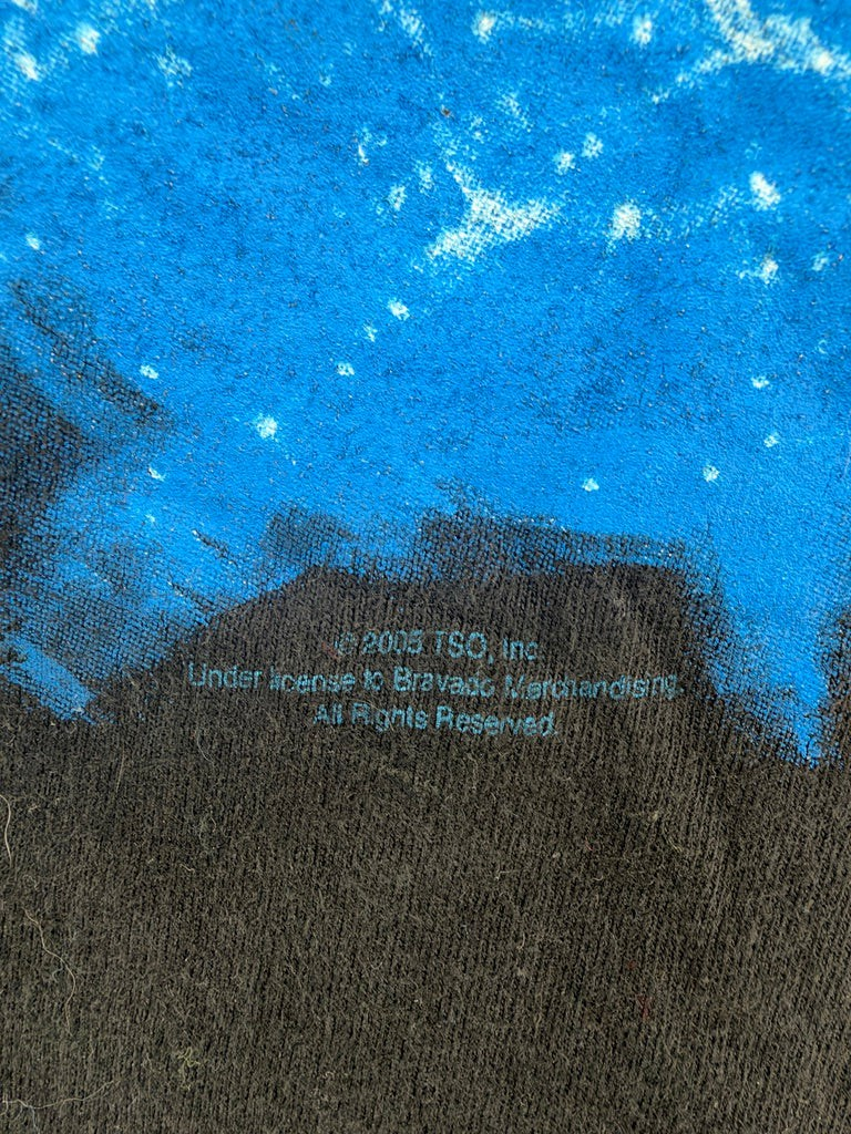 Exile Vintage 2005 Trans-Siberian Orchestra tour t-shirt copyright detail with blue graphic on black fabric