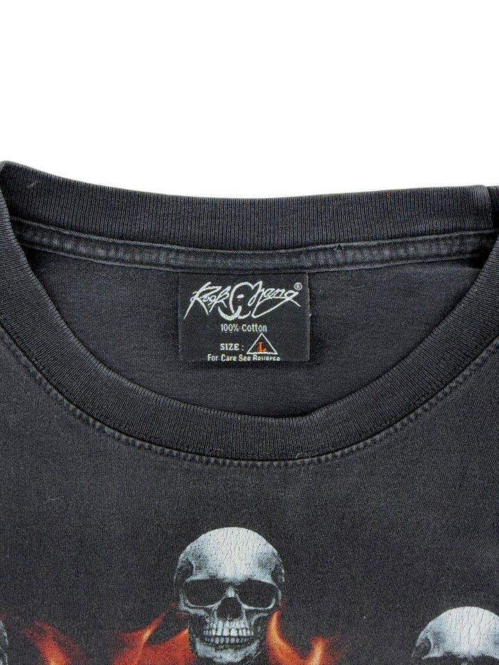 Exile Vintage black 2000s cotton t-shirt with skull and flame graphic detail on the neckline tag