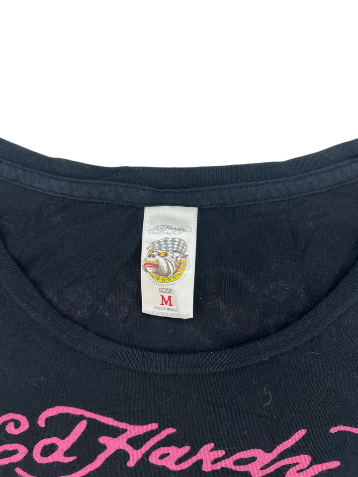 Exile Vintage Ed Hardy Y2K long sleeve t-shirt size M tag detail on black fabric