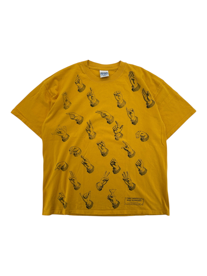 Exile Vintage 1990s mustard yellow cotton t-shirt featuring a black graphic print of the American Sign Language alphabet