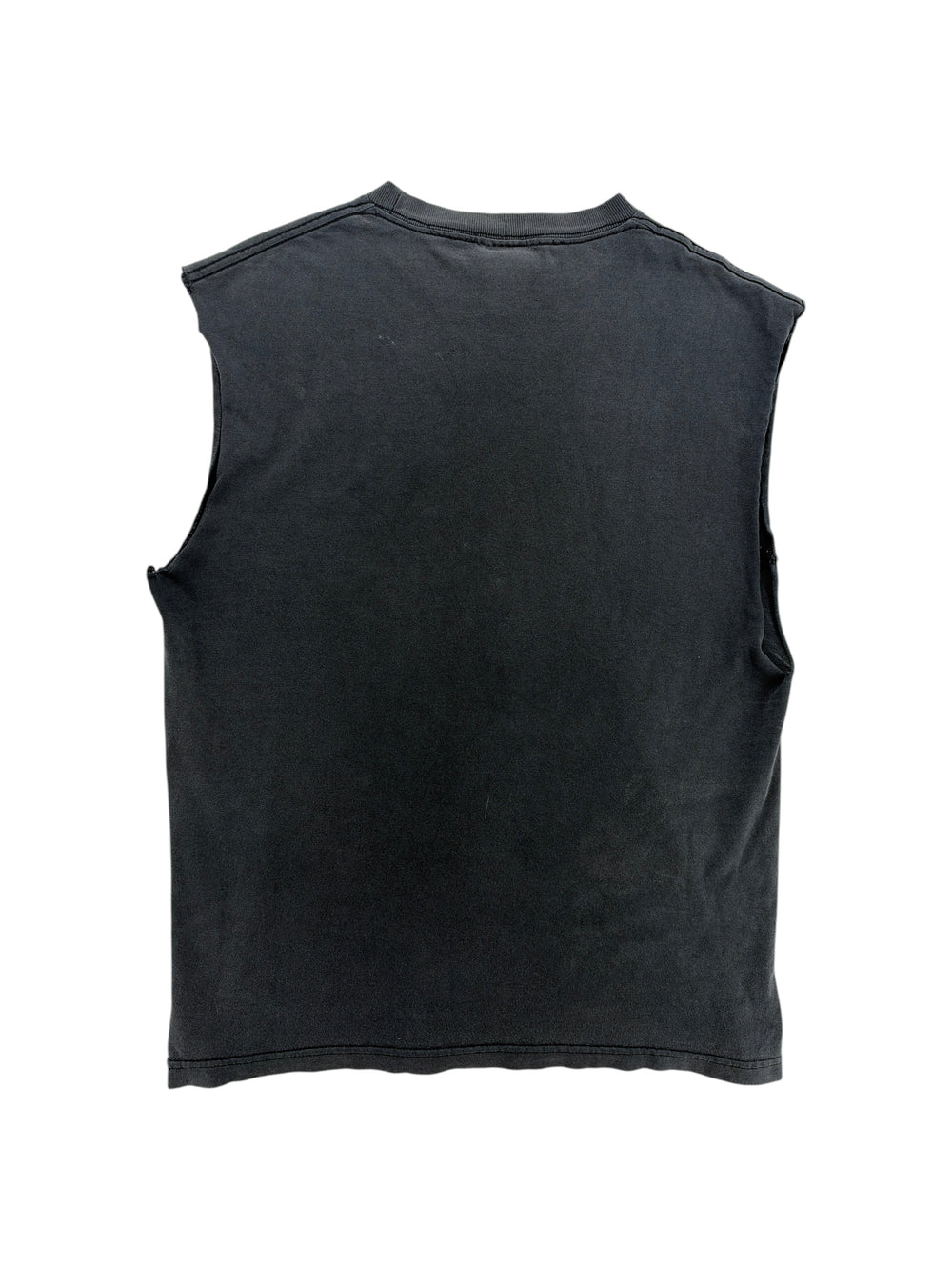 Exile Vintage 1990s black sleeveless Gold's Gym Honolulu cut off t-shirt, back view showing distressed raw armholes.