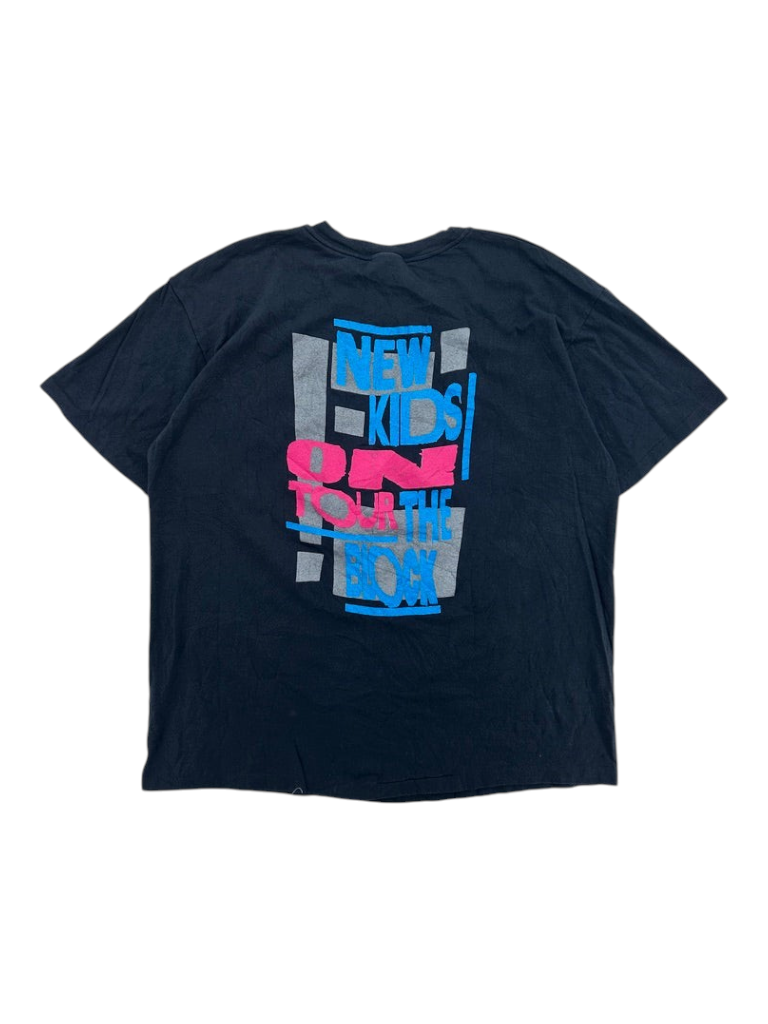 Exile Vintage 1980s New Kids On The Block black tour t-shirt with blue and pink graphic print on the back