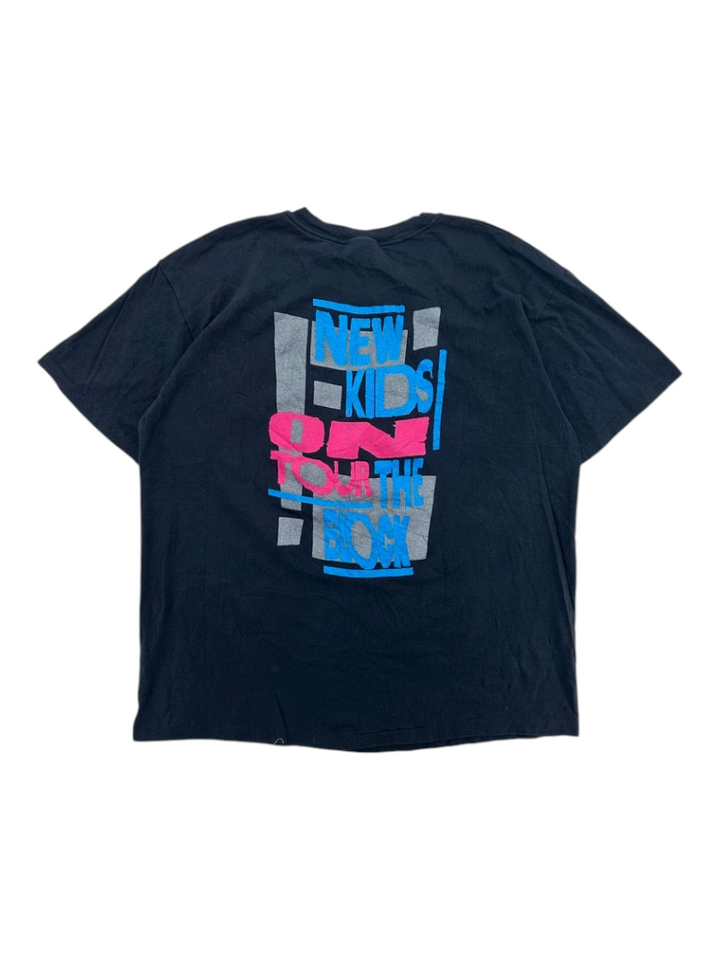 Exile Vintage 1980s New Kids On The Block black tour t-shirt with blue and pink graphic print on the back