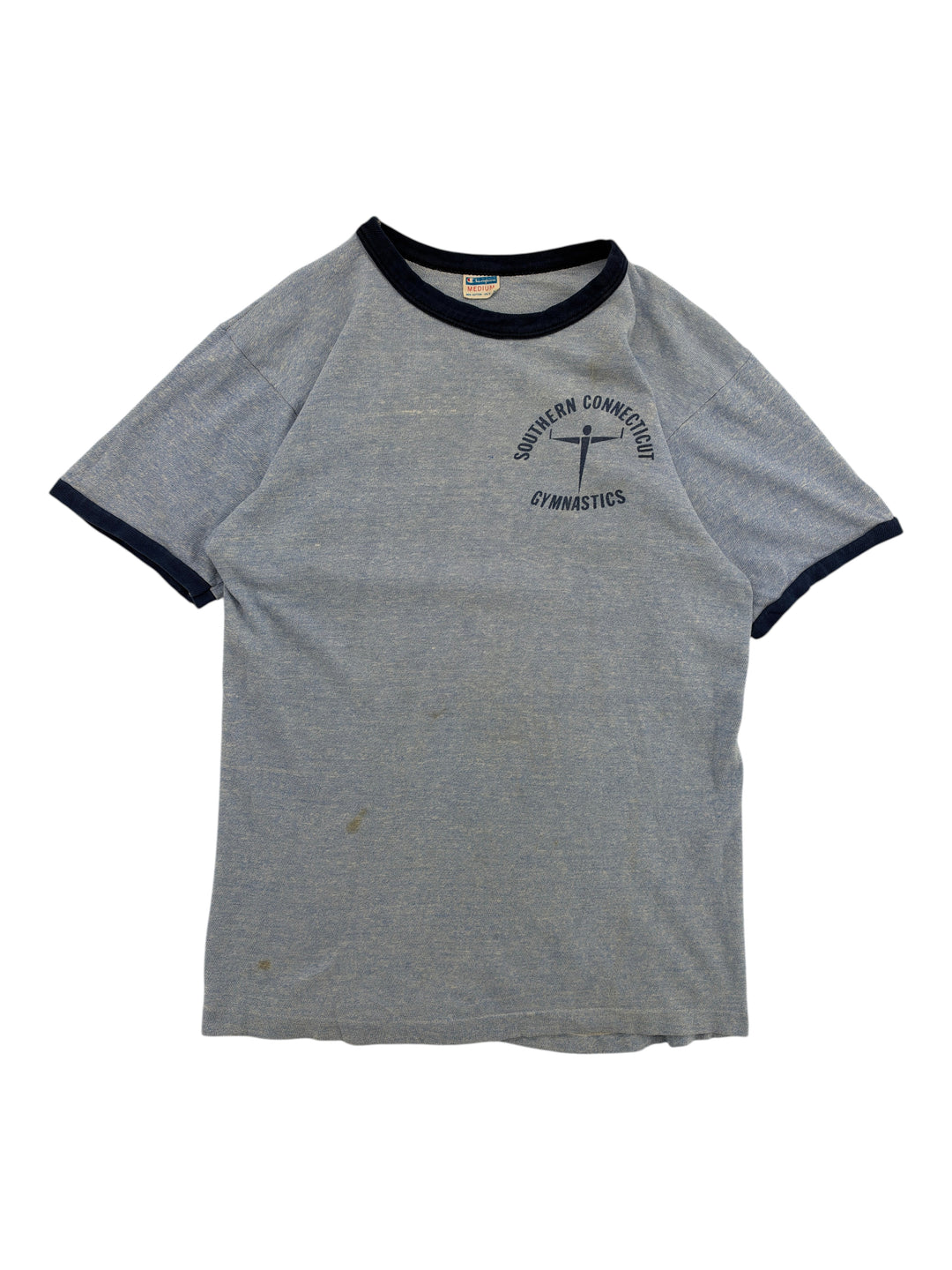Exile Vintage 1970s blue ringer t-shirt with Southern Connecticut Gymnastics graphic and navy blue trim