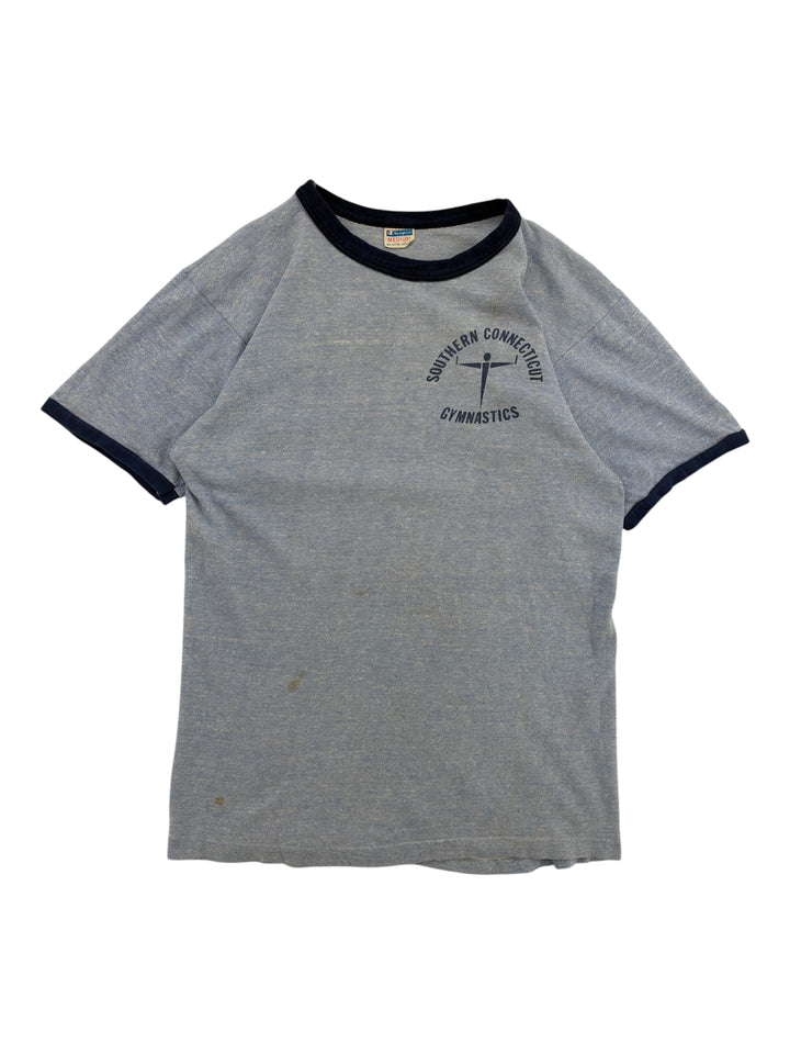 Exile Vintage 1970s blue ringer t-shirt with Southern Connecticut Gymnastics graphic and navy blue trim
