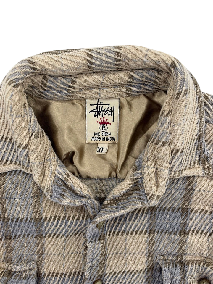 Exile Vintage 1990s Stussy plaid cotton shirt jacket with beige and grey pattern and interior brand label