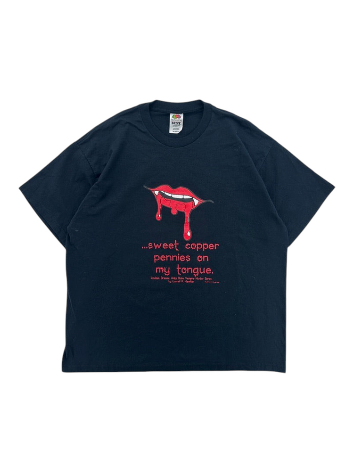 Exile Vintage 2004 Anita Blake black graphic t-shirt featuring a red vampire mouth print and text in size XL