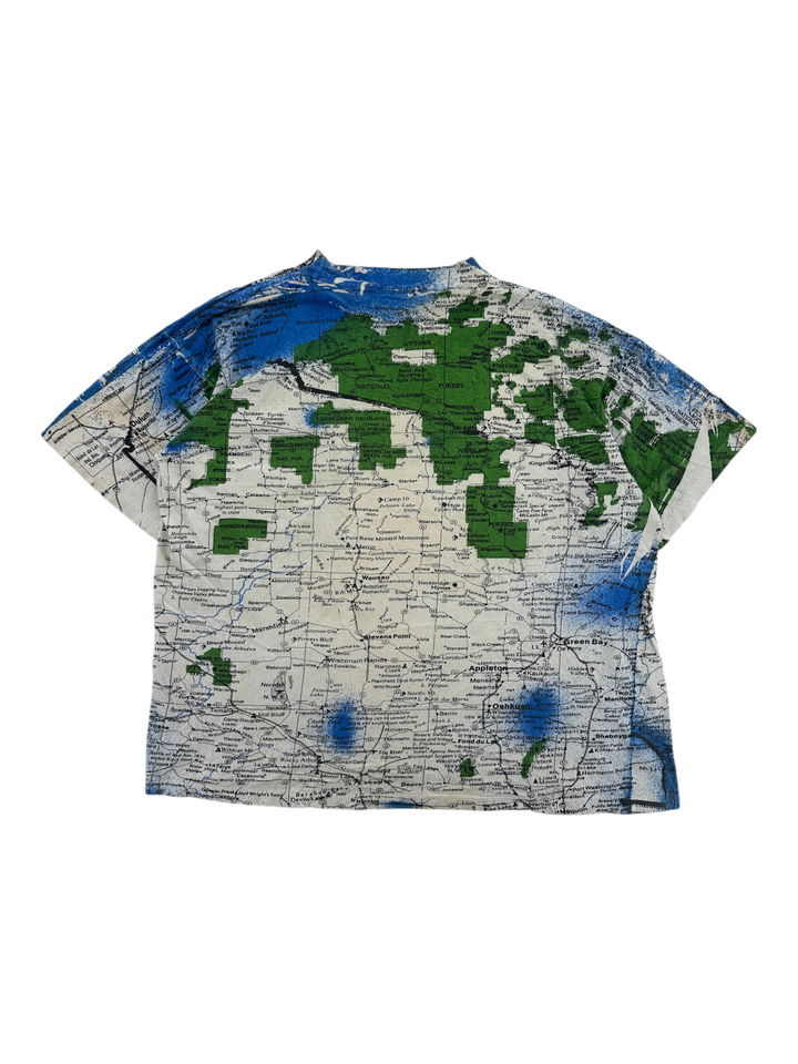 Exile Vintage 1990s all-over print Wisconsin state map t-shirt featuring green forests and blue water details.