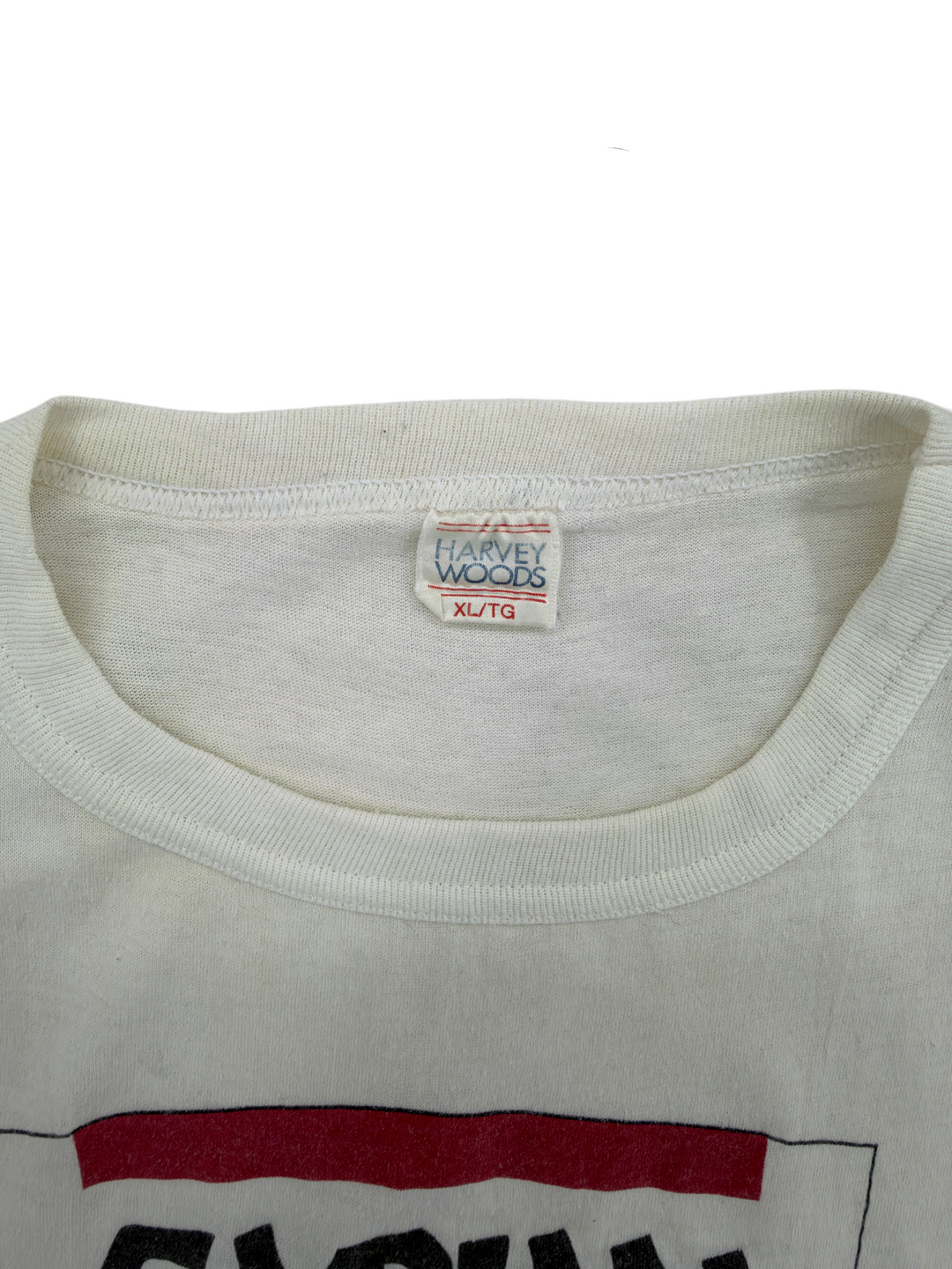 Exile Vintage white 1980s Cymbal Makers t-shirt featuring a Harvey Woods tag in size XL