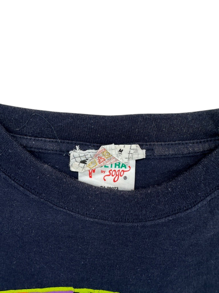 Exile Vintage navy blue 1990s Mickey and Minnie T-shirt showing the inner neck label and size tag
