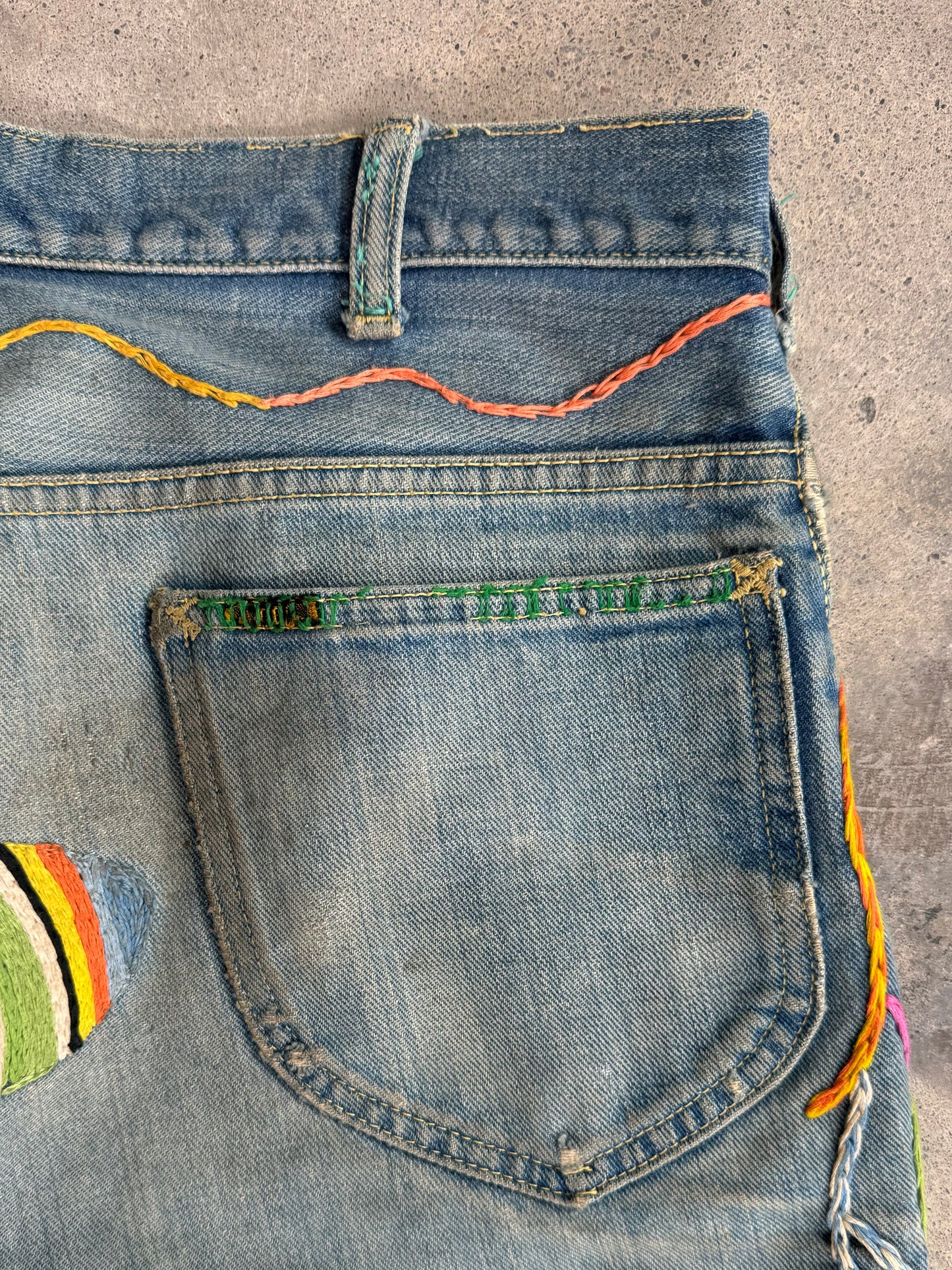 1970s - Lee Hand Embroidered Flared Denim Jeans “Legalize Pot”