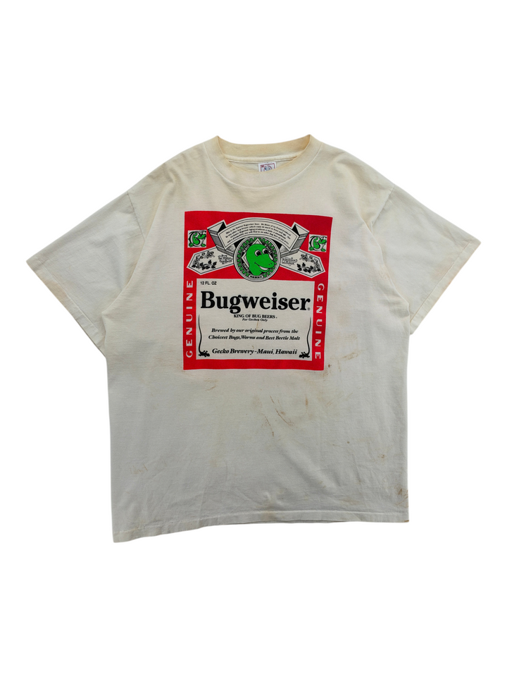 Exile Vintage 1990s Bugweiser Gecko graphic t-shirt in off-white cotton with red and green screen print