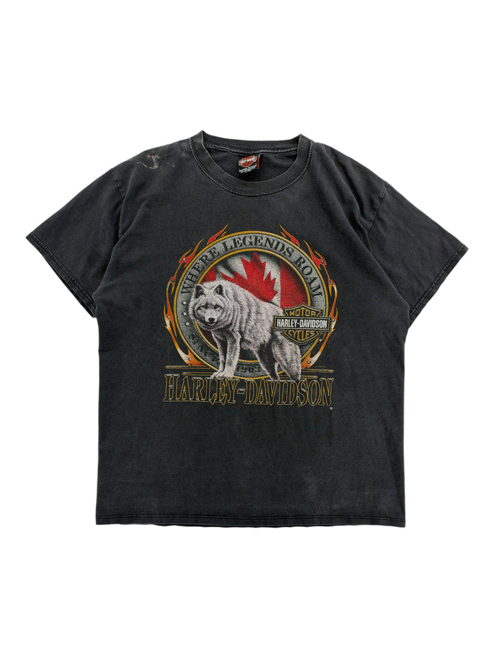 Exile Vintage black 2000s Harley Davidson graphic t-shirt featuring a wolf and Canadian flag print in size XL