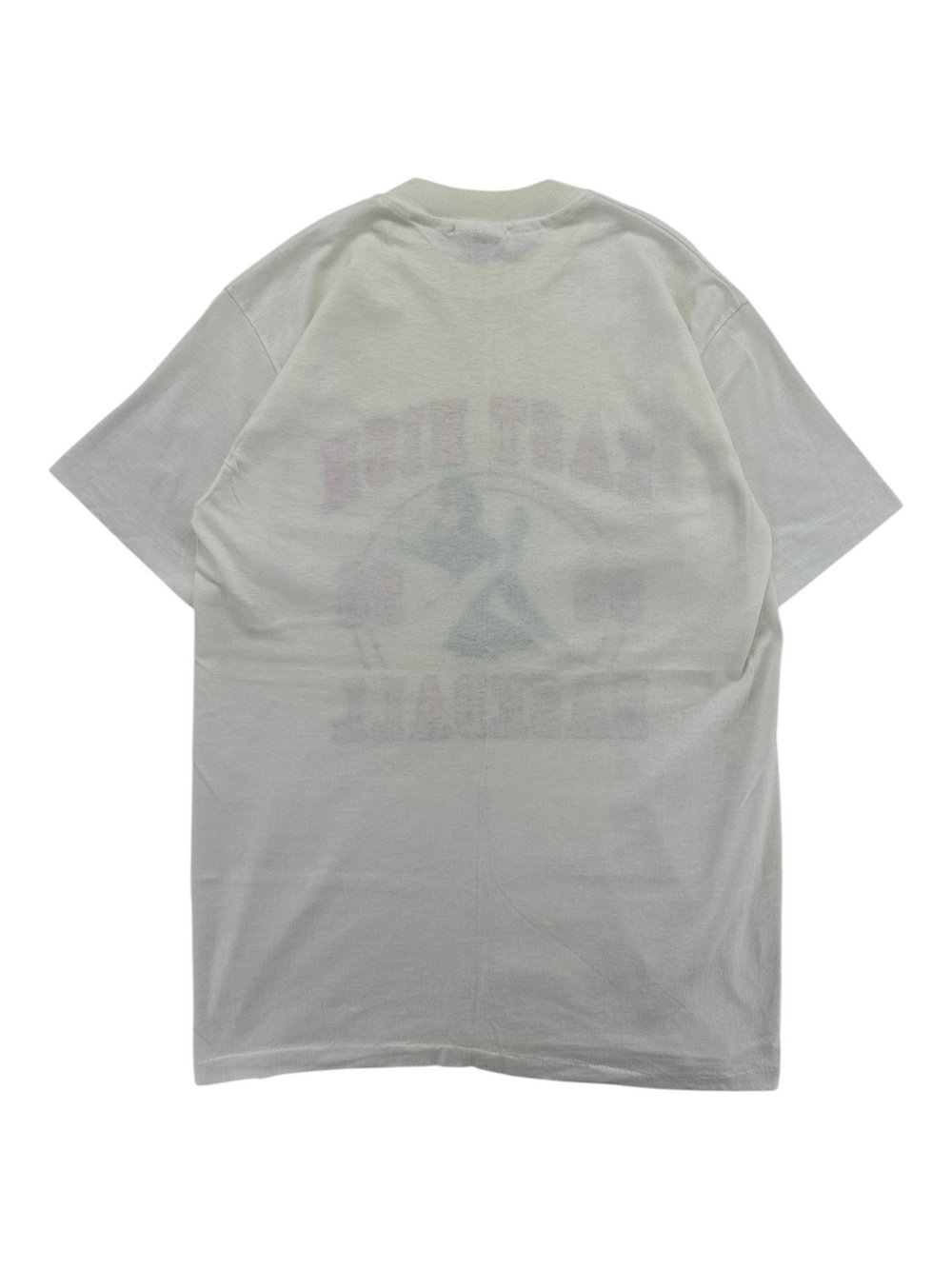 Back view of a vintage white Exile Vintage 1989 East High baseball t-shirt with faded red and black graphic print.