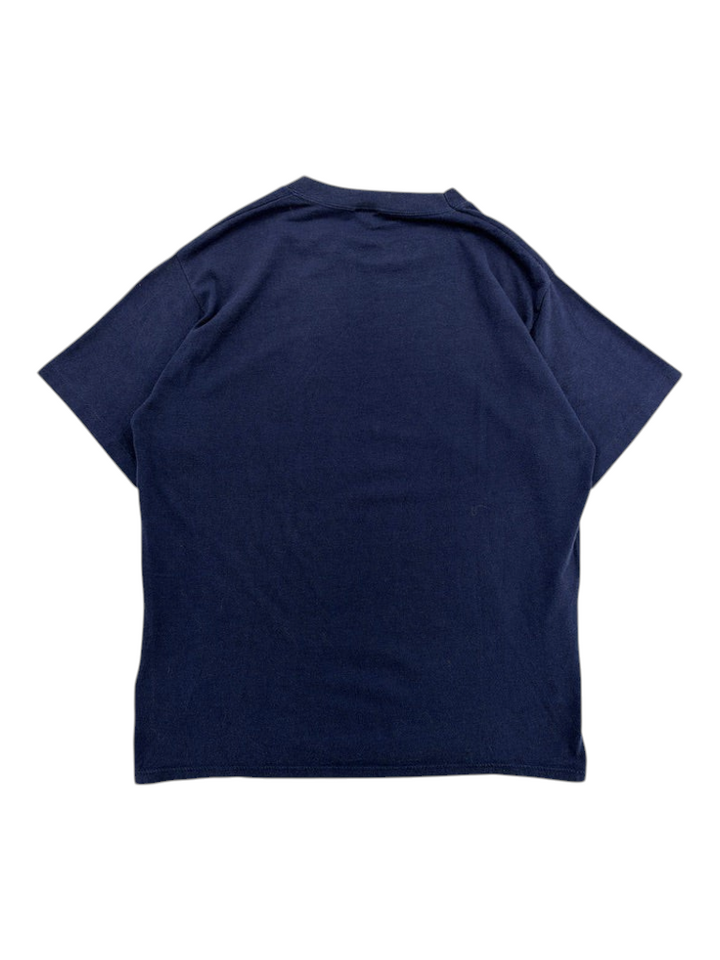 Exile Vintage 1980s navy blue cotton t-shirt, back view of a plain vintage crew neck shirt in size large.
