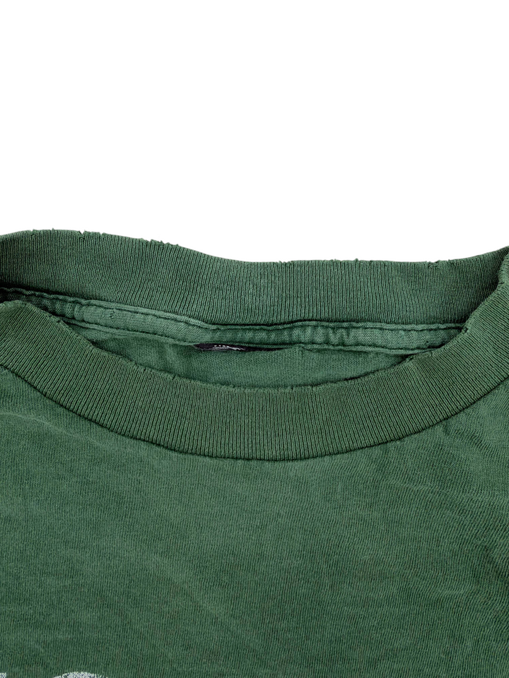 Exile Vintage green 2000s Weezer band t-shirt with a distressed ribbed crew neckline