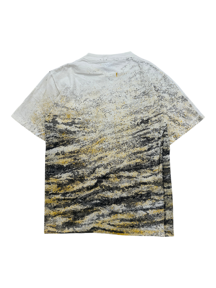 Exile Vintage 1990s Koth Future Fisherman t-shirt featuring a white, black, and yellow abstract textured print